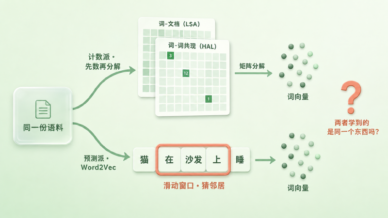 2014 年词向量的两条路线：计数派把语料攒成全局统计矩阵再分解，预测派用滑动窗口逐段预测邻居