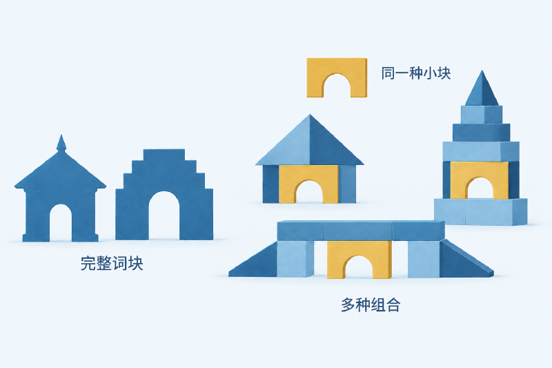 完整词块与可复用的小块组成不同形态的类比