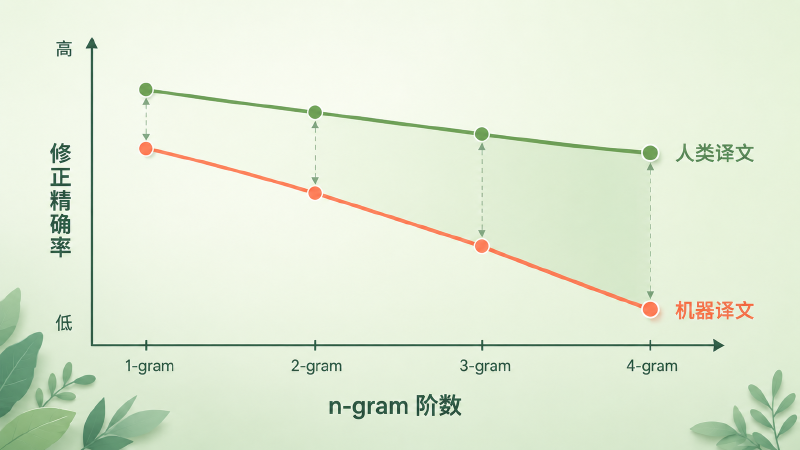 BLEU 修正 n-gram 精确率随阶数下降的折线图：人类译文与机器译文两条曲线