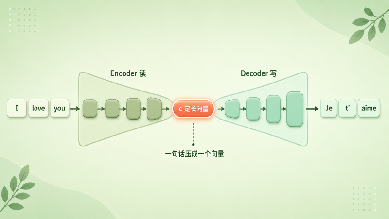 Encoder-Decoder 的沙漏结构：源句被压成一个定长向量 c，再解压成目标句