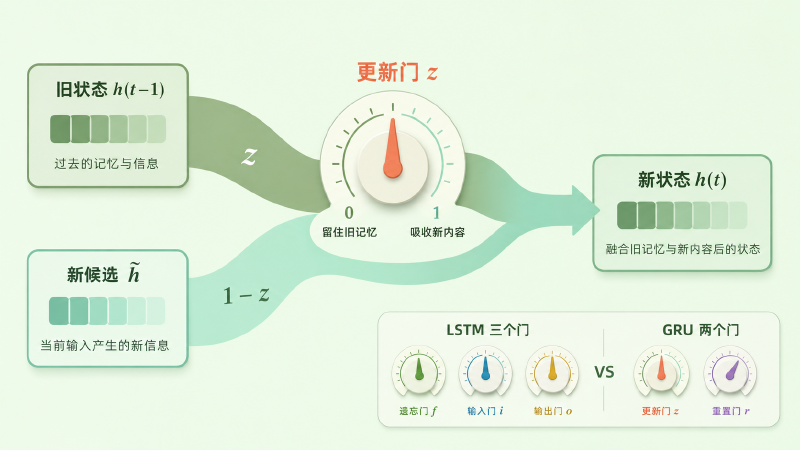 GRU 的更新门：一个旋钮同时决定「留住旧记忆」和「吸收新内容」，两者此消彼长