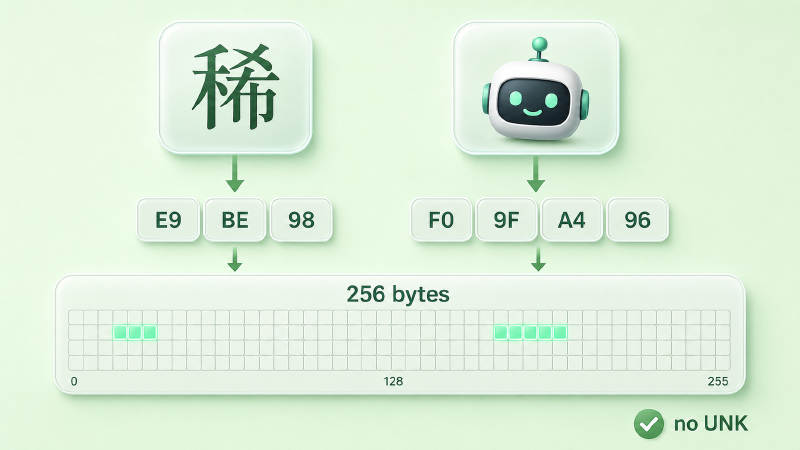 生僻字与 emoji 经 UTF-8 拆成字节，落入 256 字节底座