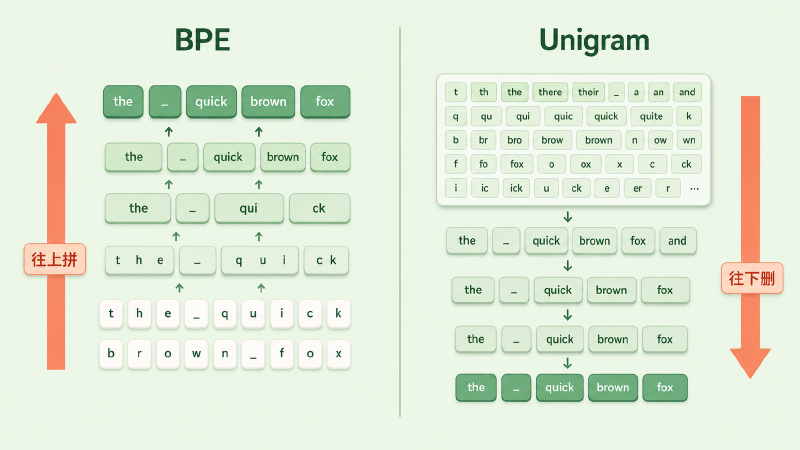 BPE 自底向上合并与 Unigram 自顶向下裁剪的方向对比