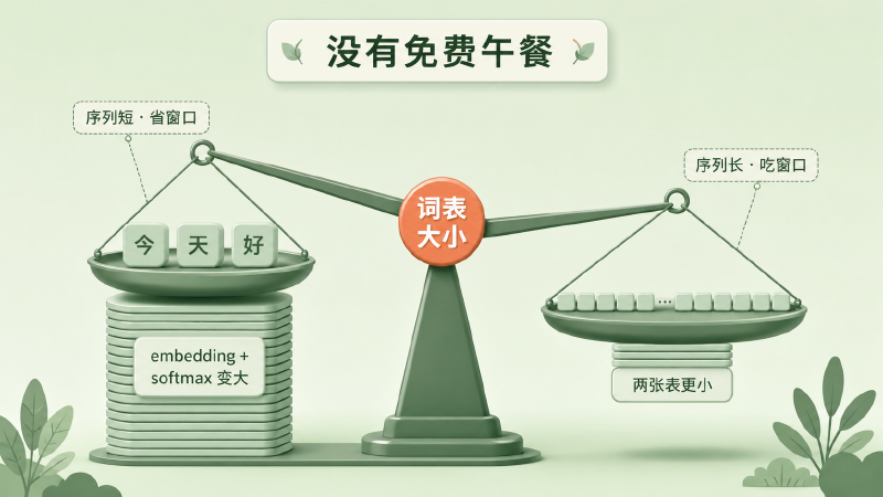 一架以「词表大小」为支点的天平，左右两端分别是序列长度与模型体积，朝相反方向变化