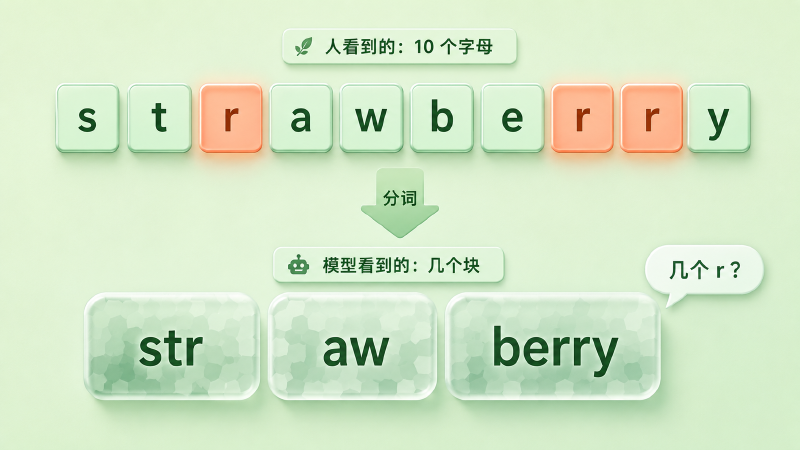 上排是 strawberry 的十个独立字母（三个 r 高亮），下排是模型实际看到的几个不透明子词块