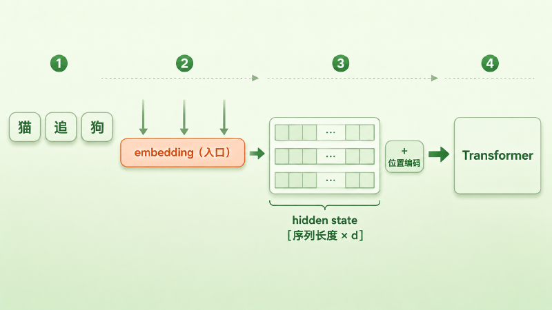 一句话 token 序列经 embedding 入口变成序列长度乘 d 的矩阵并叠上位置编码,再喂给上方 Transformer 方块
