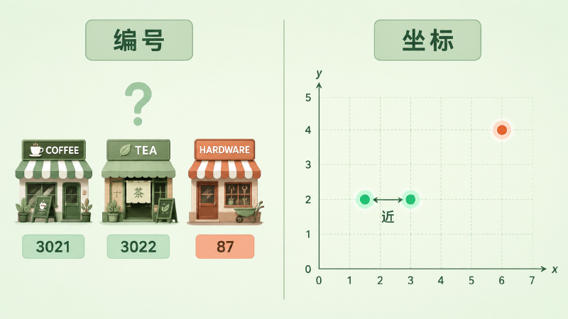 左侧门店只有编号看不出关系,右侧同样的店变成地图坐标后相近的聚在一起