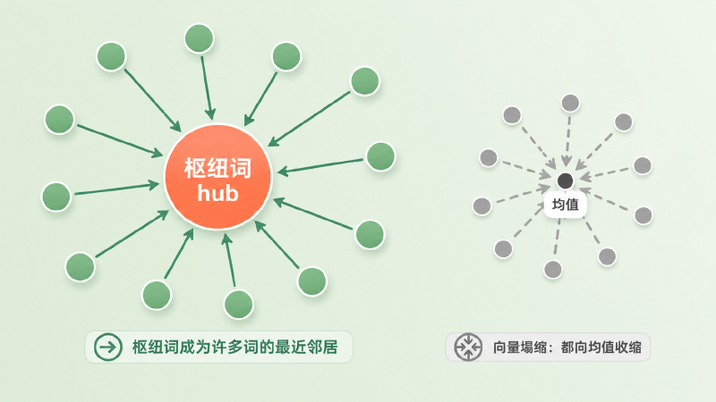 一个枢纽节点被大量词指向，其余向量向均值塌缩