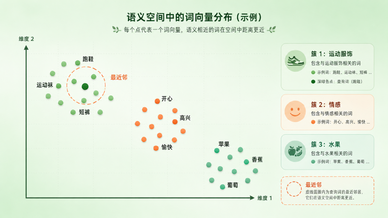 三簇语义邻域散点，一个查询点用虚线圈出最近邻