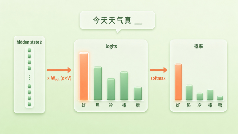 输出端把 hidden state 投影成 logits 再 softmax 成概率