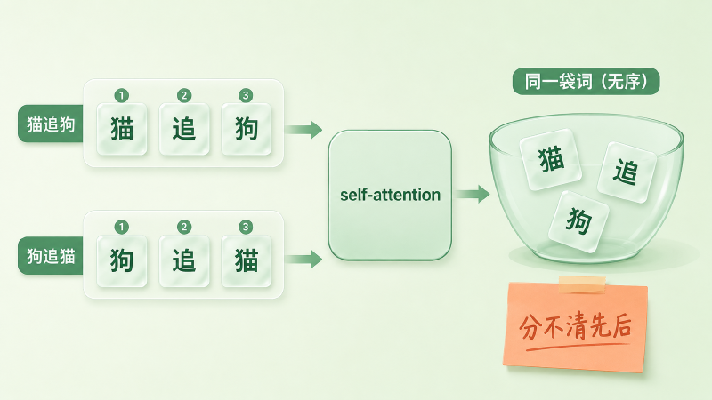 「猫追狗」与「狗追猫」经过 self-attention 后坍缩成同一袋无序的词
