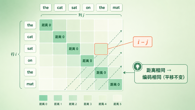 相对位置矩阵中，同一条对角线（相同 i−j）共享同一编码