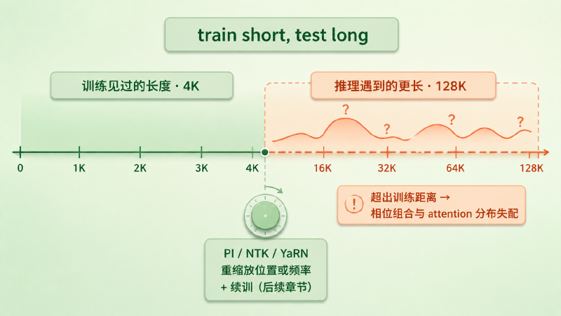 训练长度之内稳定，超出后相位组合与 attention 分布失配
