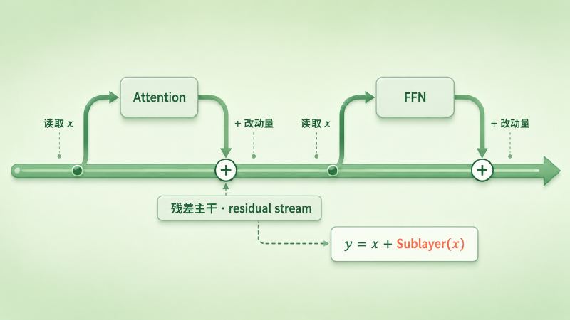 信息在一条主干道上前进,每个子层从主干读取、加工,再把改动量并回主干