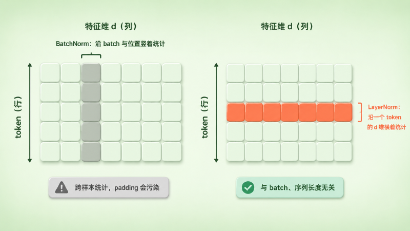 BatchNorm 沿 batch 与位置在同一特征上统计，LayerNorm 沿同一 token 的全部特征维统计