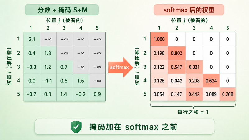 因果掩码把注意力分数表的上三角置为负无穷,softmax 后未来位置的权重全部归零