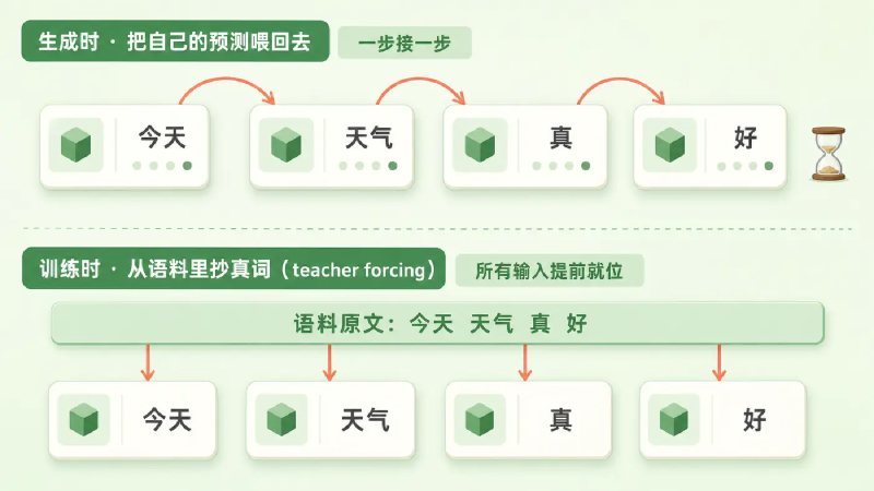 生成时把模型自己的预测喂回下一步(串行),训练时从语料里抄真词(所有输入提前就位)