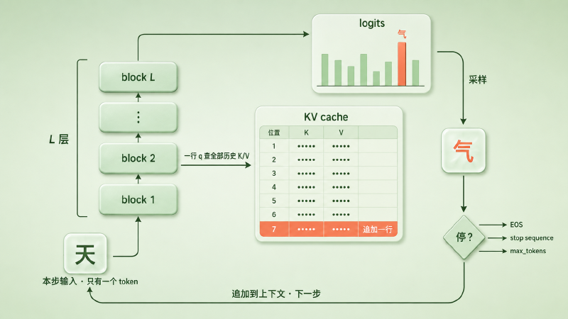decode 循环：一个 token 进入 L 层，每层用一行 q 查 KV cache 并追加一行，末层出 logits，采样后回到循环起点；旁边标出 EOS / stop / max_tokens 三个出口