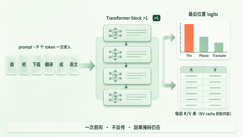 prefill 阶段：左侧 P 个 prompt token 一次进入 L 层 block 堆，右侧产出两样东西——最后一个位置的 logits 与每层一张 K/V 表