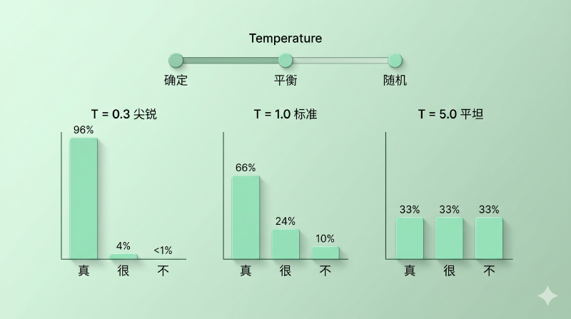 不同温度下 softmax 分布从尖锐到平坦的对比
