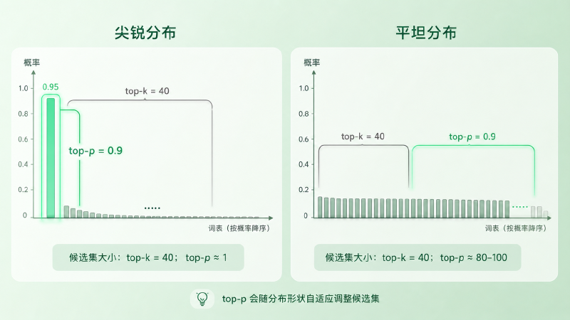 Top-k vs Top-p 在不同分布上的行为