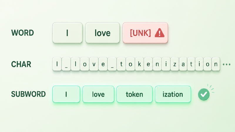 三种切分粒度对比：同一句话在 word / char / subword 下被切成的 token