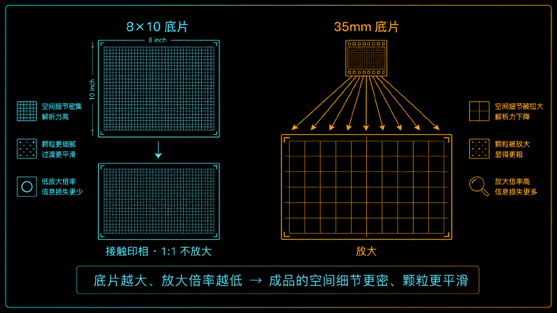 大底片接触印样 vs 小底片放大的信息密度