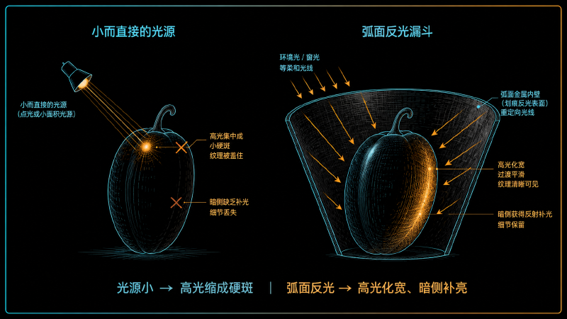 锡罐漏斗控光原理：小光源硬高光 vs 弧面反光