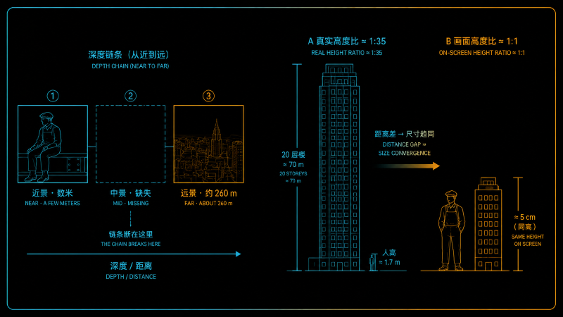 深度线索链断裂：中景被抽掉，距离只能靠尺度外推