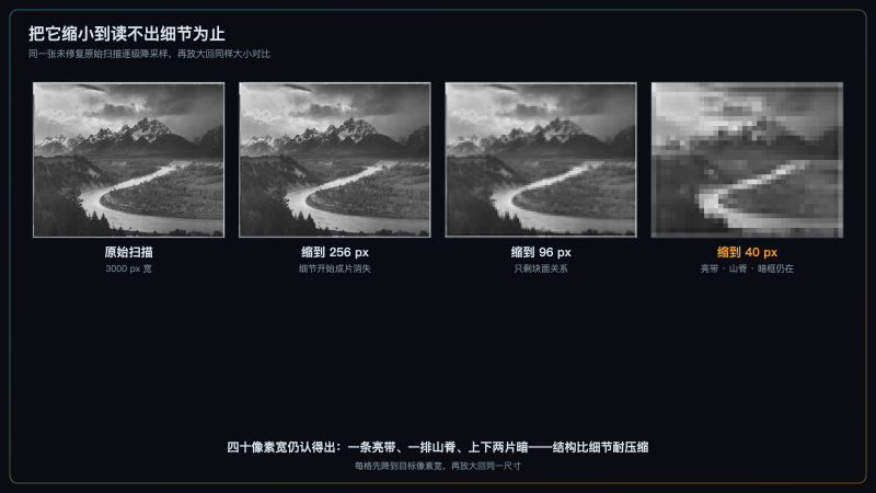 原始扫描与缩到 256px、96px、40px 的四格对照