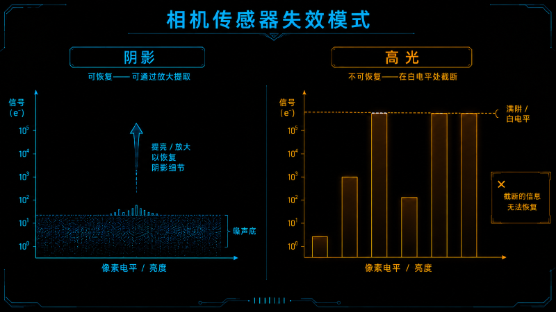 信号削平 vs 信号埋没：噪声地板与满阱天花板的对比示意