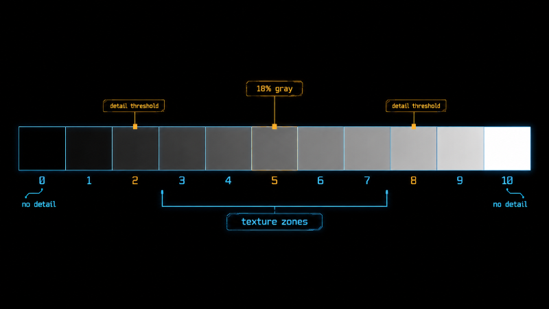 Zone 0–10 灰阶刻度条:死黑到死白被切成 11 档,中灰 V 居中,纹理区 III–VII 标出