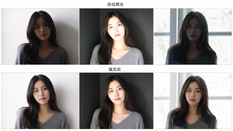 一致性对比：同一个人在三种背景前各拍一张，上排自动测光脸忽明忽暗、下排锚定后三张肤色明度一致