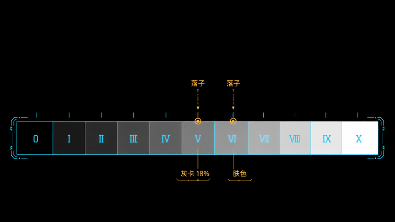 Zone 刻度条上的锚点示意：灰卡落 Zone V、肤色往上抬到 Zone VI 附近，其余亮度随之分配