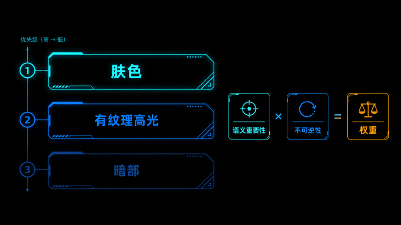 保护优先级阶梯:肤色 > 有纹理高光 > 暗部
