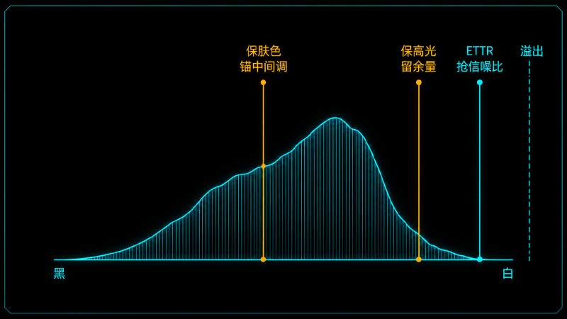 三套曝光策略对应直方图上的三个落点