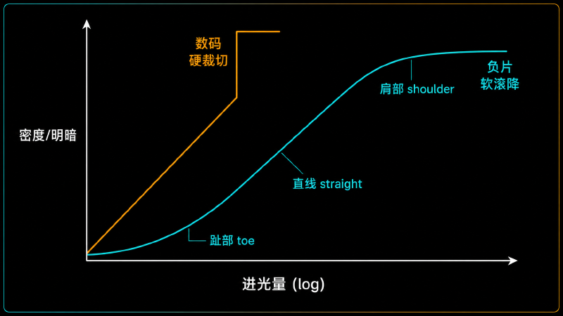 负片 S 形特性曲线与数码线性响应的对比