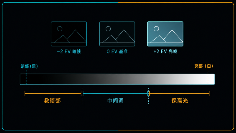 包围曝光 3 帧分别覆盖高光、中间调、暗部，合起来覆盖整段场景 DR