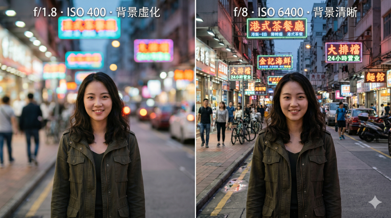 f/1.8 与 f/8 景深对比