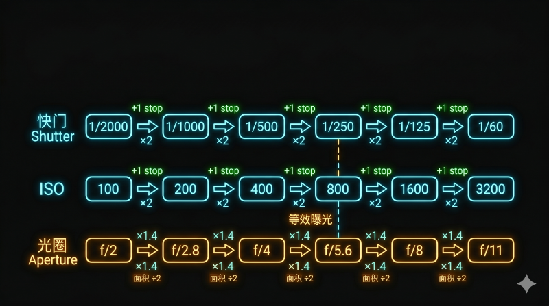光圈快门ISO的stop对应关系