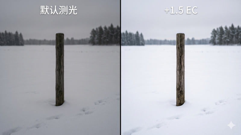 雪景默认测光与 +1.5 EC 对比