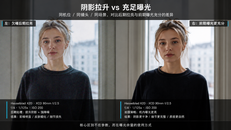 同一逆光场景，事后 push 暗部 vs 拍摄时向右曝光的暗部画质对比