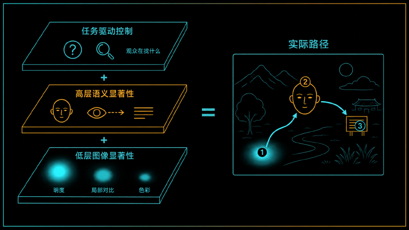 低层显著性、高层语义、任务控制三层叠加，决定实际扫描路径