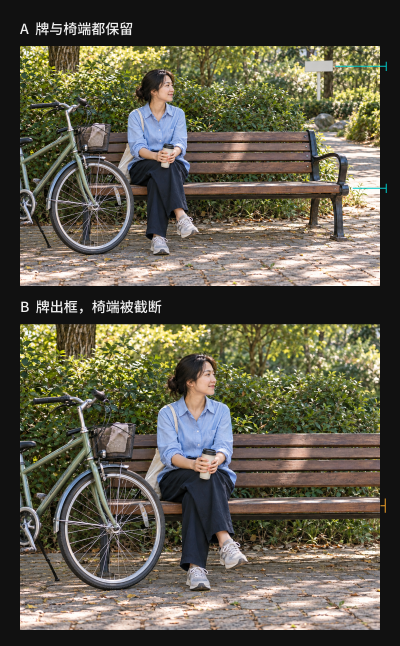 同一模拟底图的右侧裁切对照：B 排除浅色牌，同时截去长椅端头