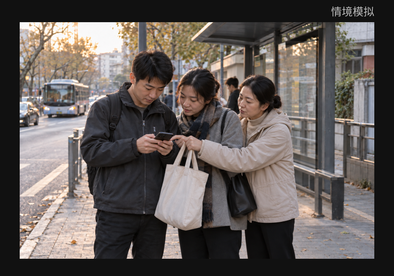 街角共同看手机，头顶错接与手部交叠，AI情境模拟