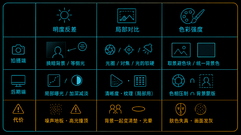 三个权重旋钮各自的拍摄端手段、后期端手段与代价