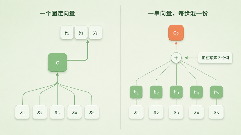从一个固定向量到一串 annotation：右边每个源词各有一个向量，按比重混成当前这一步的上下文