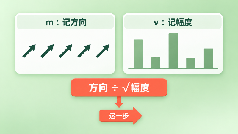 左边记方向，右边记幅度：更新时用方向除以幅度的平方根
