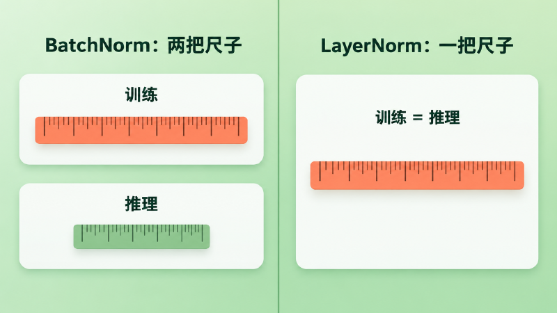 BatchNorm 训练和推理用的不是同一把尺子,LayerNorm 只有一把
