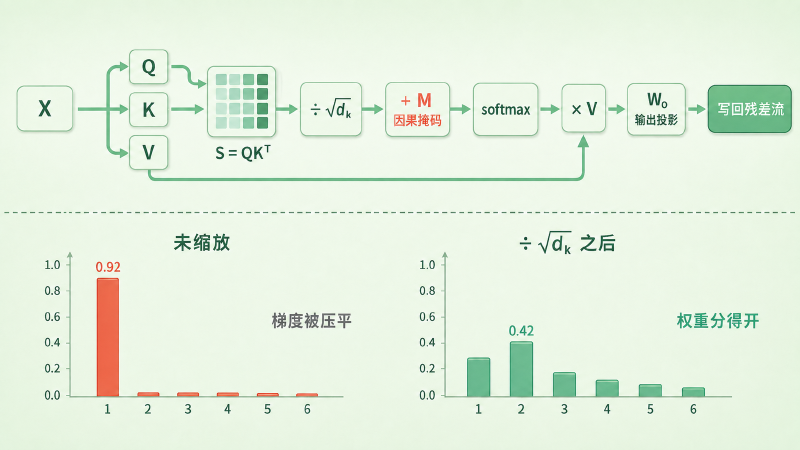 五步计算链条,以及缩放前后 softmax 权重分布的对比